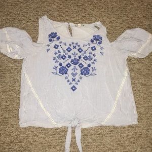 Blue and white striped cold shoulder shirt